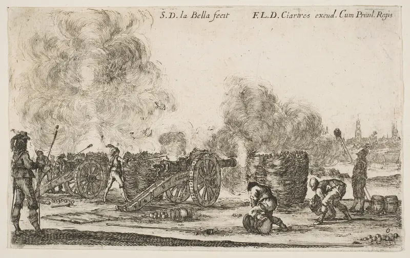 Battery of cannons firing on a city, plate 6 from "Various Military Caprices" (Varii capricci militari) Wall Art by Stefano della Bella - High-Resolution Digital Print