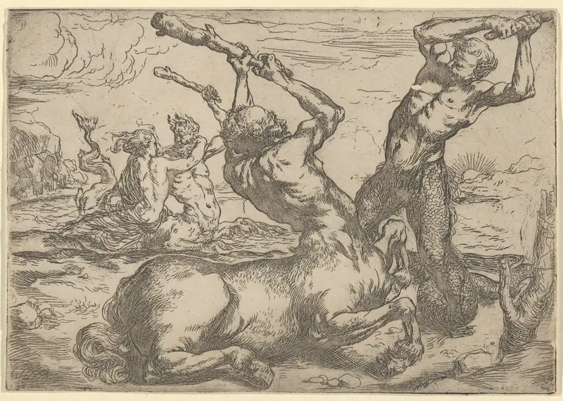 Battle Between a Centaur and a Triton with a Triton Wall Art by Jusepe de Ribera (called Lo Spagnoletto) - High-Resolution Digital Print
