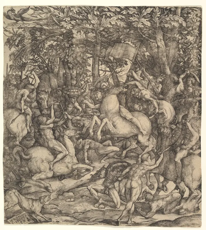 Battle between cavalry and infantry in a wood Wall Art by Hieronymus Hopfer - High-Resolution Digital Print