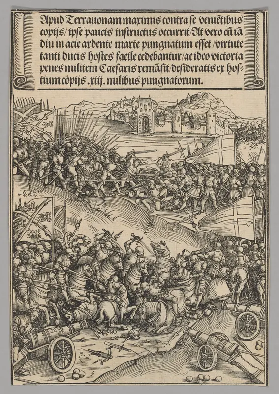 Battle of Guinegate, plate 4 from Historical Scenes from the Life of Emperor Maximilian I from the Triumphal Arch Wall Art by Wolf Traut - High-Resolution Digital Print