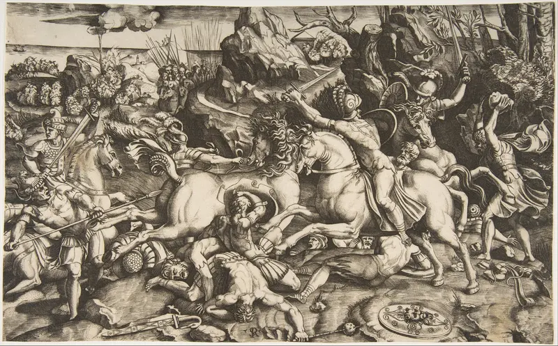 Battle scene in a landscape with soldiers on horseback and several fallen men, another group of riders in the background
