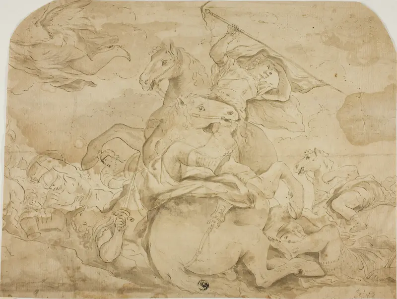 Battle Scene with Central Figure on Rearing Horse Wall Art by Style of Luca Giordano - High-Resolution Digital Print