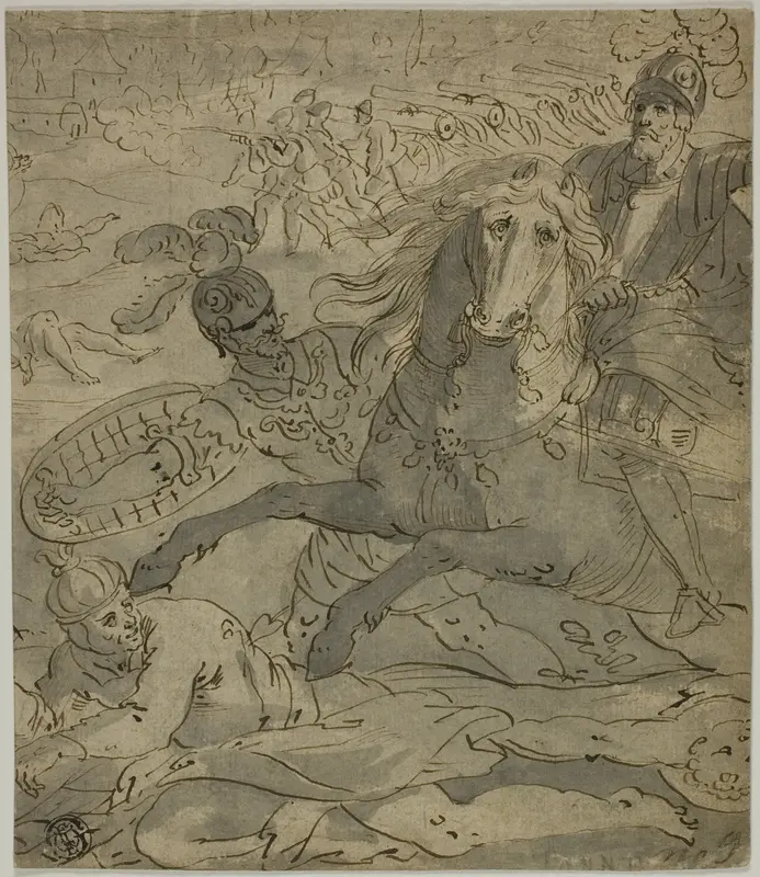 Battle Scene with Charging General on Horseback in Foreground, Artillery and Cannons in Background Wall Art by Unknown artist - High-Resolution Digital Print