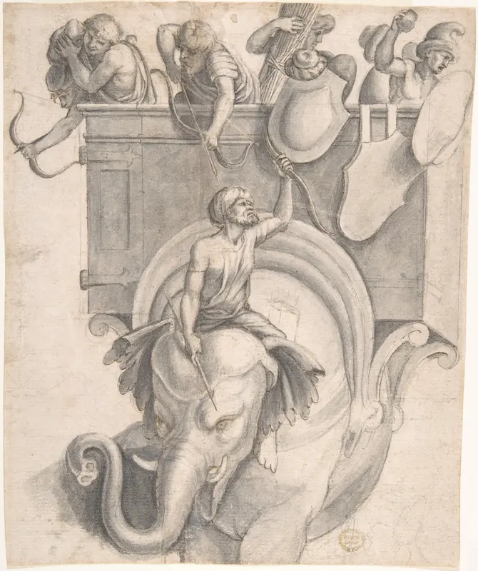 Battle Scene with Soldiers Mounted on an Elephant. Wall Art by Giulio Romano - High-Resolution Digital Print