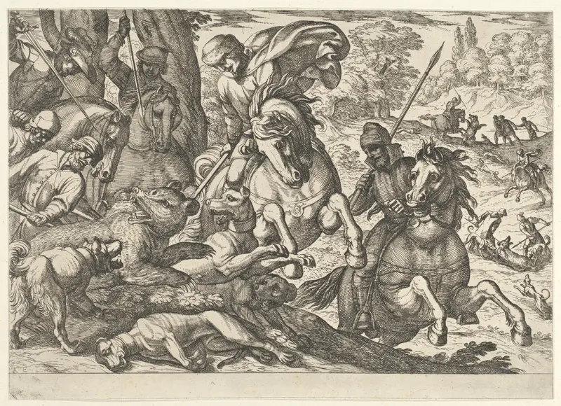 Bear Hunt, from "Hunting Scenes VI" Wall Art by Antonio Tempesta - High-Resolution Digital Print