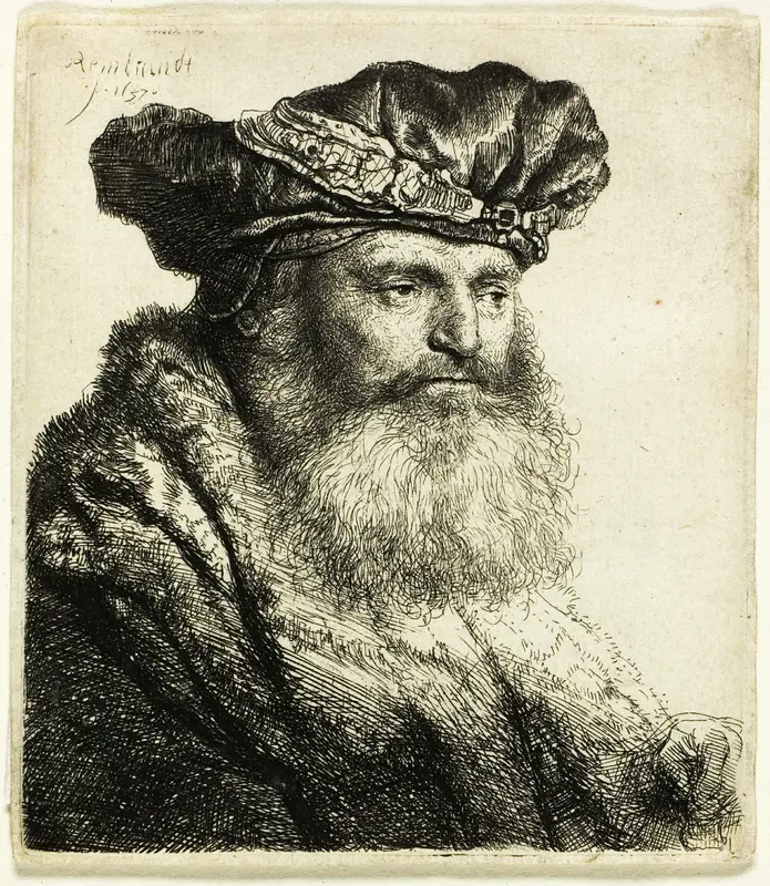 Bearded Man in a Velvet Cap with Jewel Clasp Wall Art by Rembrandt van Rijn - High-Resolution Digital Print