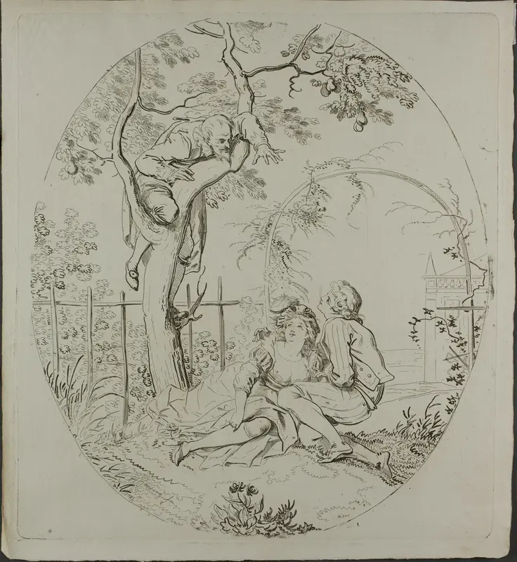 Bearded Man Spying on Lovers Under an Arbor Wall Art by Johann Heinrich Ramberg - High-Resolution Digital Print