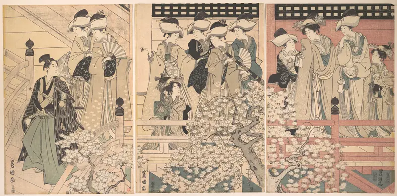 Beauties on a Veranda among Cherry Blossoms from which a Samurai is Departing