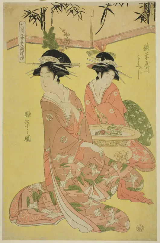Beauties Parodying the Seven Sages - A Selection of Younger Courtesans (Shichi kenjin yatsushi bijin shinzo zoroe): Momiji of the Echizenya