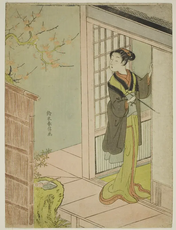 Beauty Admiring a Bush Warbler Singing in a Plum Tree Wall Art by Suzuki Harunobu - High-Resolution Digital Print