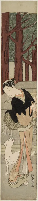 Beauty and a White Dog at a Shrine Wall Art by Suzuki Harunobu - High-Resolution Digital Print