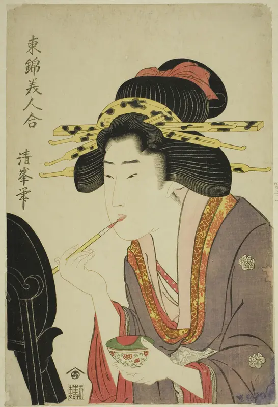 Beauty applying rouge, from the series "Comaprison of Beauties in Eastern Brocade (Azuma nishiki bijin awase)" Wall Art by Torii Kiyomitsu II (Kiyomine) - High-Resolution Digital Print