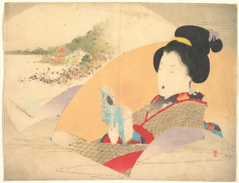 Beauty Looking at Shinobazu Pond",  illustration from Bugei Kurabu (Literary Club) Wall Art by Watanabe Seitei - High-Resolution Digital Print