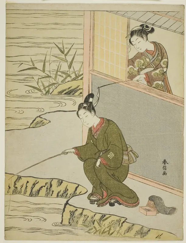Beauty Teasing a Young Man Fshing Wall Art by Suzuki Harunobu - High-Resolution Digital Print
