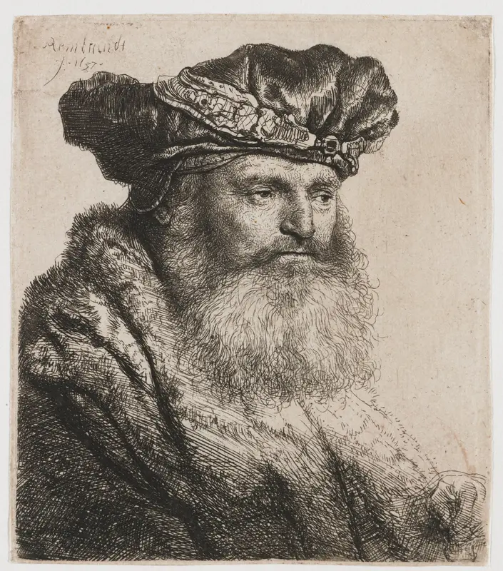 Bebaarde man met een fluwelen baret waarop een juwelen gesp Wall Art by Unknown - High-Resolution Digital Print