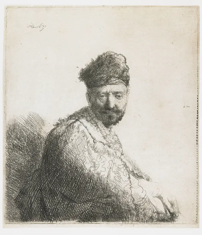 Bebaarde man met oosterse bontmuts en bewerkte mantel: de vader van Rembrandt (?) Wall Art by Unknown - High-Resolution Digital Print