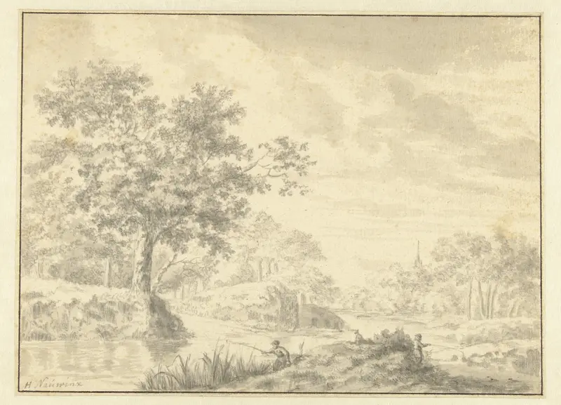 Bebost rivierlandschap met twee hengelaars Wall Art by Herman Naiwincx - High-Resolution Digital Print