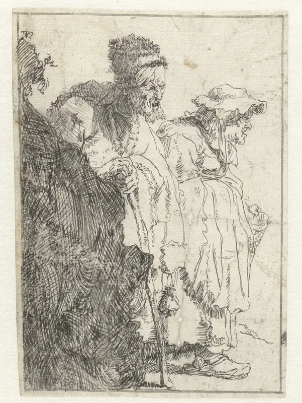 Bedelaar en bedelares, komende vanachter een heuveltje Wall Art by anonymous - High-Resolution Digital Print