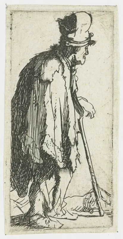 Bedelaar, met verkrampte hand, leunend op een stok Wall Art by Rembrandt van Rijn - High-Resolution Digital Print