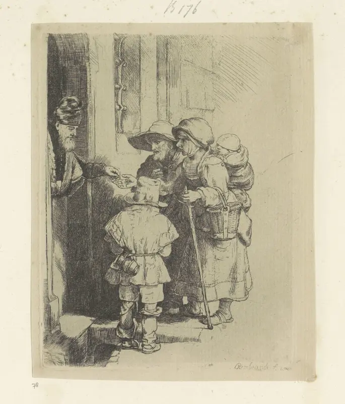 Bedelende familie ontvangt een aalmoes aan de deur van een huis Wall Art by Henry Louis Basan - High-Resolution Digital Print