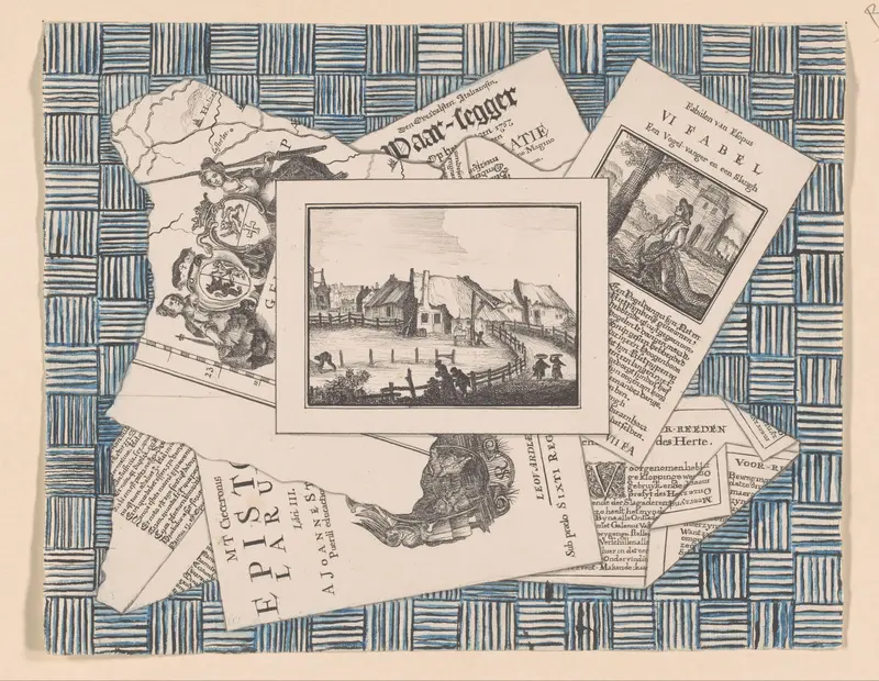 Bedriegertje met een prent, deel van een landkaart en fragmenten van publicaties Wall Art by anonymous - High-Resolution Digital Print