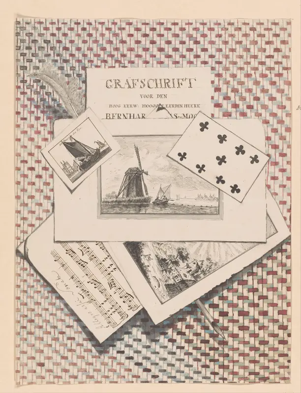 Bedriegertje met prenten, een grafschrift, blad muziek, speelkaart en veer Wall Art by anonymous - High-Resolution Digital Print