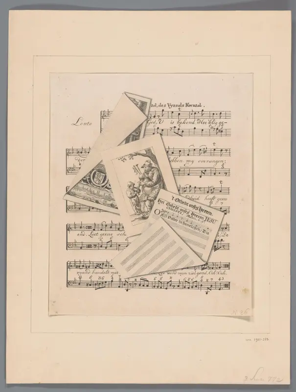 Bedriegertje met twee prenten en twee bladen met muziek Wall Art by anonymous - High-Resolution Digital Print