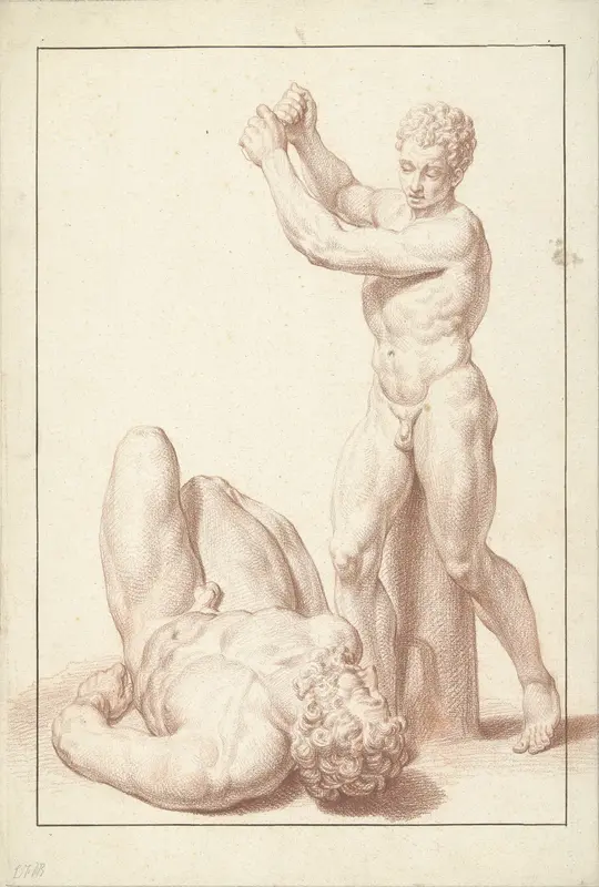 Beeld van een jongen met opgeheven armen bij een liggende man met baard Wall Art by Louis Fabritius Dubourg - High-Resolution Digital Print