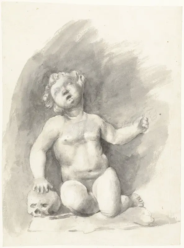 Beeld van naakte jongen zittend naast een schedel Wall Art by Moses ter Borch - High-Resolution Digital Print