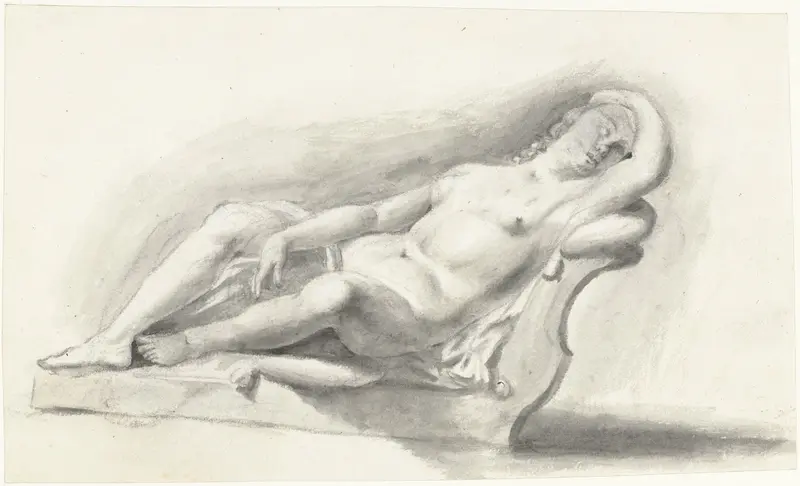 Beeld van naakte vrouw, liggend op een bankkussen Wall Art by Moses ter Borch - High-Resolution Digital Print