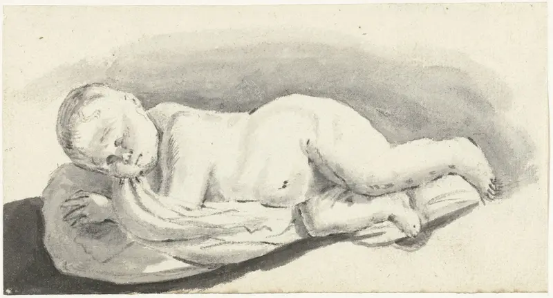 Beeld van slapend kind, liggend op een kussen Wall Art by Moses ter Borch - High-Resolution Digital Print