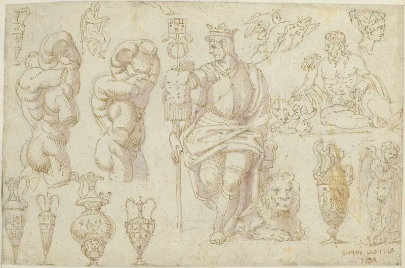 Beelden, een fresco en een tekening Wall Art by anonymous - High-Resolution Digital Print