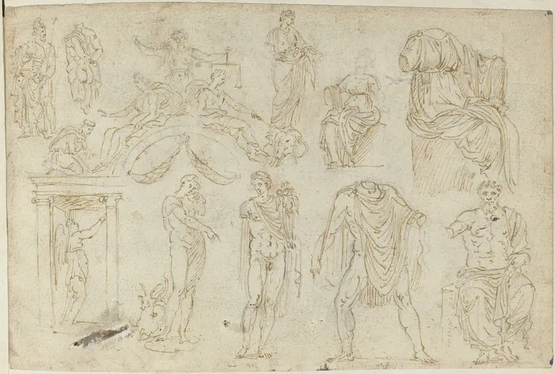 Beelden, een tekening en een fresco Wall Art by anonymous - High-Resolution Digital Print