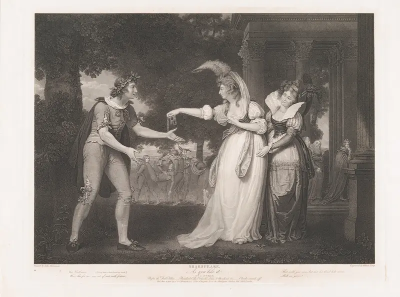 Before the Duke's Palace–Rosalind, Celia, Orlando, the Duke & Attendants (Shakespeare, As You Like It, Act 1, Scene 2) Wall Art by William Satchwell Leney - High-Resolution Digital Print