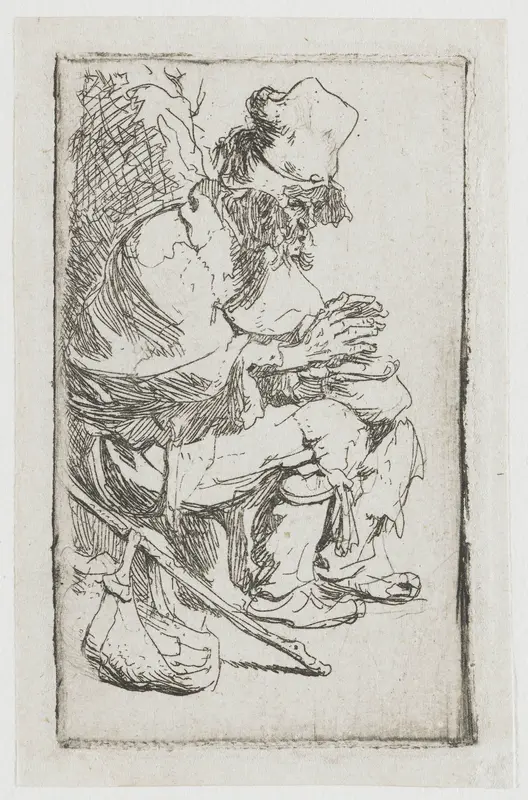Beggar seated warming his hands at a chafing dish Wall Art by Rembrandt van Rijn - High-Resolution Digital Print