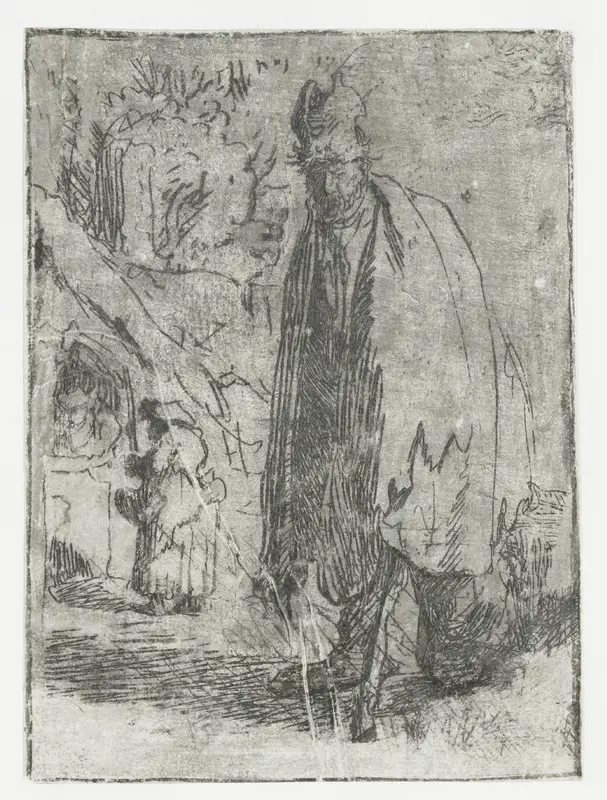 Beggar with a Cottage and Two Figures in the Background Wall Art by Rembrandt van Rijn - High-Resolution Digital Print