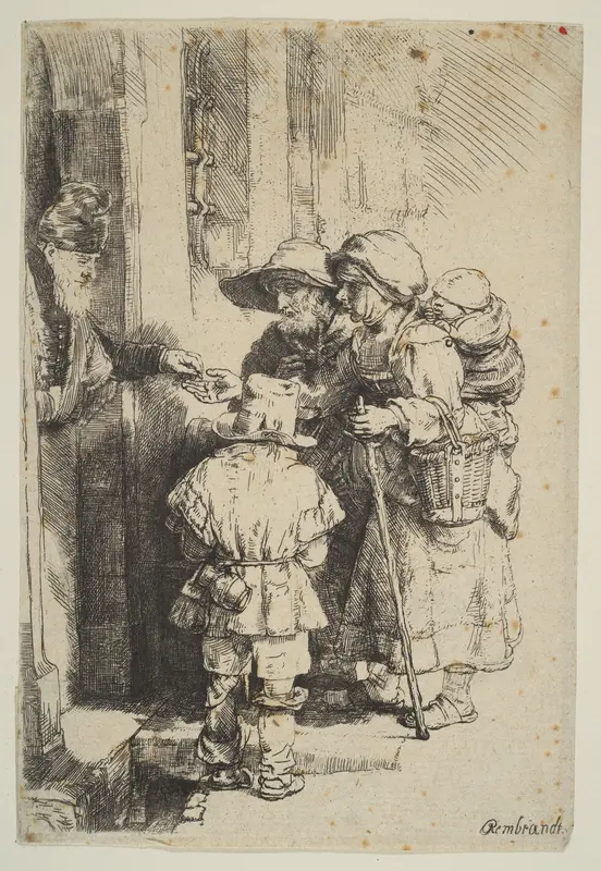 Beggars Receiving Alms at the Door of a House Wall Art by Rembrandt (Rembrandt van Rijn) - High-Resolution Digital Print