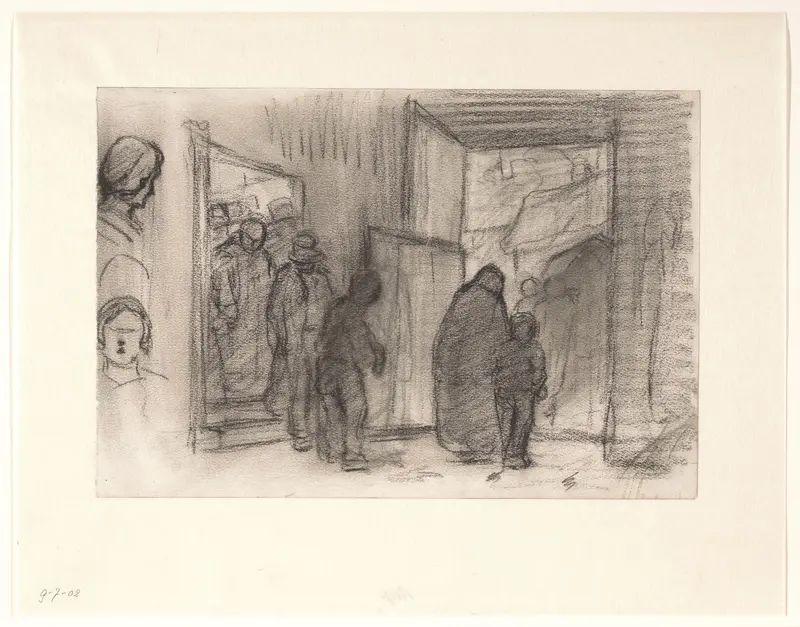 Begrafenisstoet verlaat een sterfhuis; twee vrouwenkoppen Wall Art by Hendrik Valkenburg - High-Resolution Digital Print