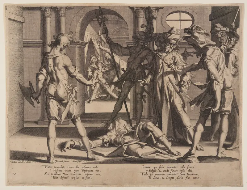 Beheading of the Roman Judge Papinian, plate 5 from Thrones of Justice (Thronus Iustitiae) Wall Art by Willem van Swanenburgh - High-Resolution Digital Print