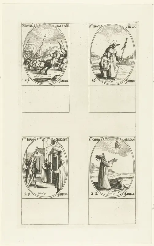 Bekering van Paulus, Heilige Paula, Heilige Johannes Chrysostomus, Heilige Cyrillus van Alexandrië (25-28 januari) Wall Art by Jacques Callot - High-Resolution Digital Print