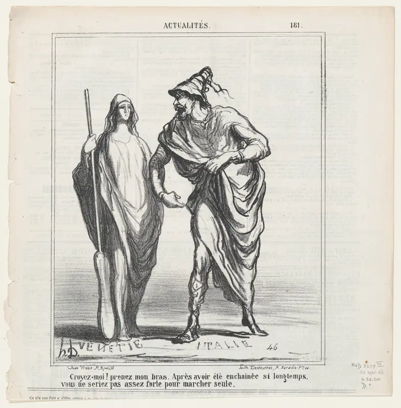 Believe me, take my arm! After having been chained for such a long time you will not be strong enough to walk on your own!, from 'News of the day,' published in Le Charivari, September 22, 1866 Wall Art by Honoré Daumier - High-Resolution Digital Print