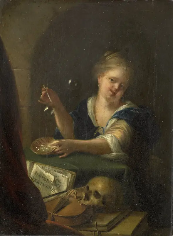 Bellenblazend meisje bij een vanitas stilleven Wall Art by Unknown - High-Resolution Digital Print