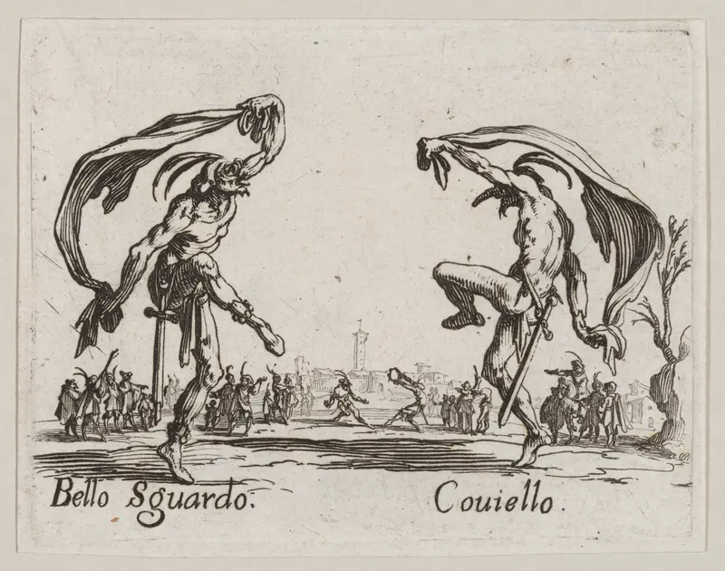 Bello Sguardo and Couiello, from "Balli di Sfessania" (Dance of Sfessania) Wall Art by Jacques Callot - High-Resolution Digital Print