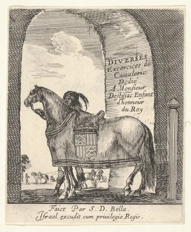 Beneath an archway, a groom holds the bridle of a horse shown in profile, facing left, the title page for "Various cavalry exercises" (Diverses exercices de cavalerie) Wall Art by Stefano della Bella - High-Resolution Digital Print