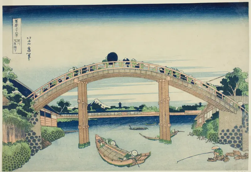 Beneath Mannen Bridge in Fukagawa (Fukagawa Mannenbashi shita) from the series "Thirty-six Views of Mount Fuji (Fugaku sanjurokkei)"