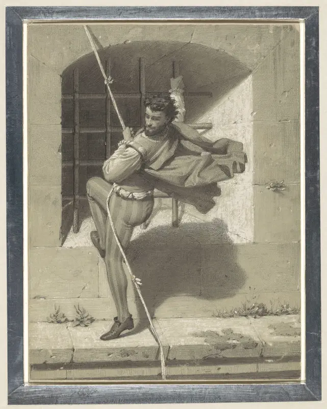 Benvenuto Cellini ontvlucht de Engelenburcht te Rome aan een koord van aaneengeknoopte doeken Wall Art by Karl Theodor Piloty - High-Resolution Digital Print