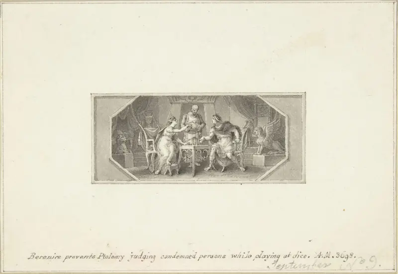 Berenice prevents Ptolemy judging Condemned Persons while playing at Dice Wall Art by Edward Francis Burney - High-Resolution Digital Print