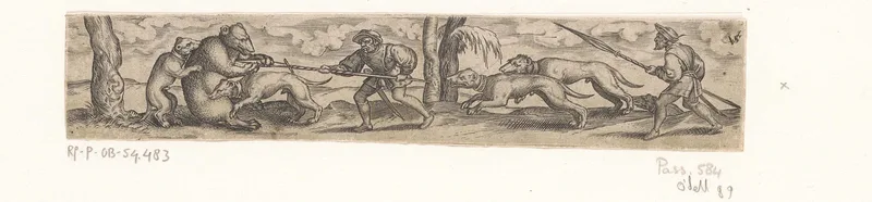 Berenjacht met twee jagers en vier honden Wall Art by Unknown artist - High-Resolution Digital Print