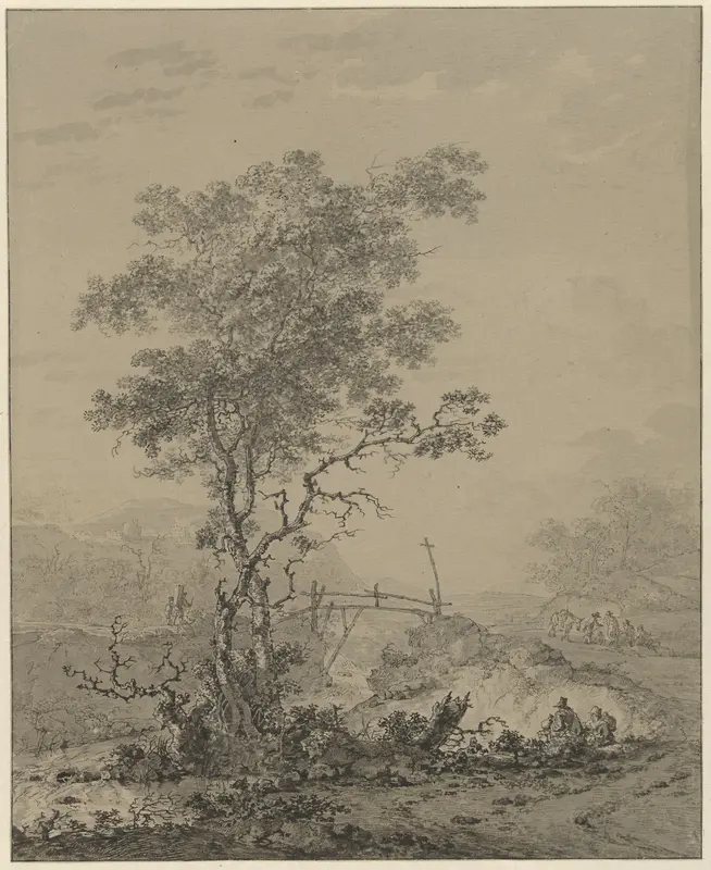 Bergachtig landschap met een boom bij een rivier, een brug en enkele figuren Wall Art by Jacob van Strij - High-Resolution Digital Print