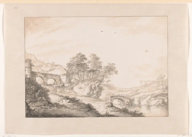 Bergachtig landschap met een stenen brug en muur Wall Art by Herman Naiwincx - High-Resolution Digital Print